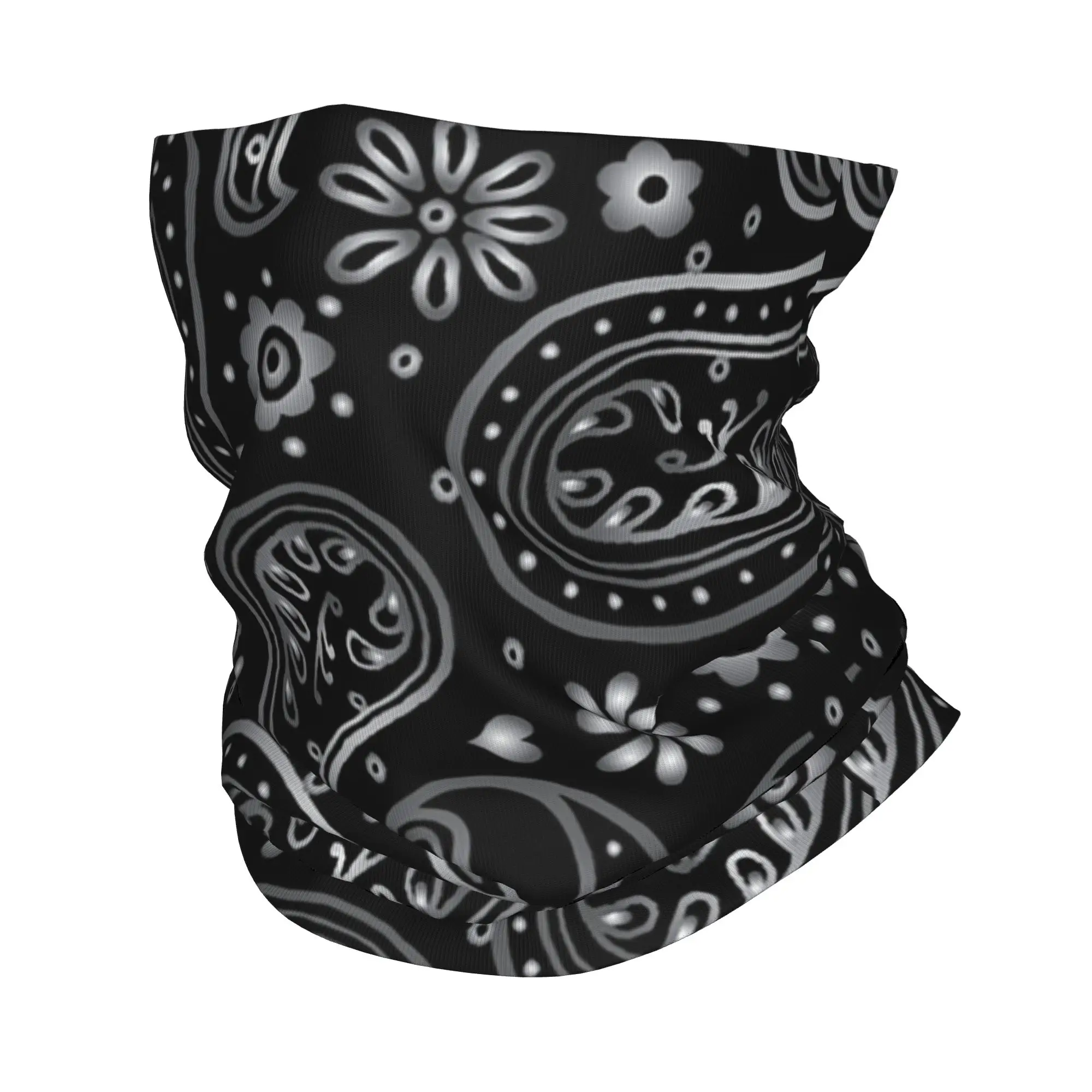 Neck Warmer Balaclava - Bandana Leher Motif Paisley Perak Hitam